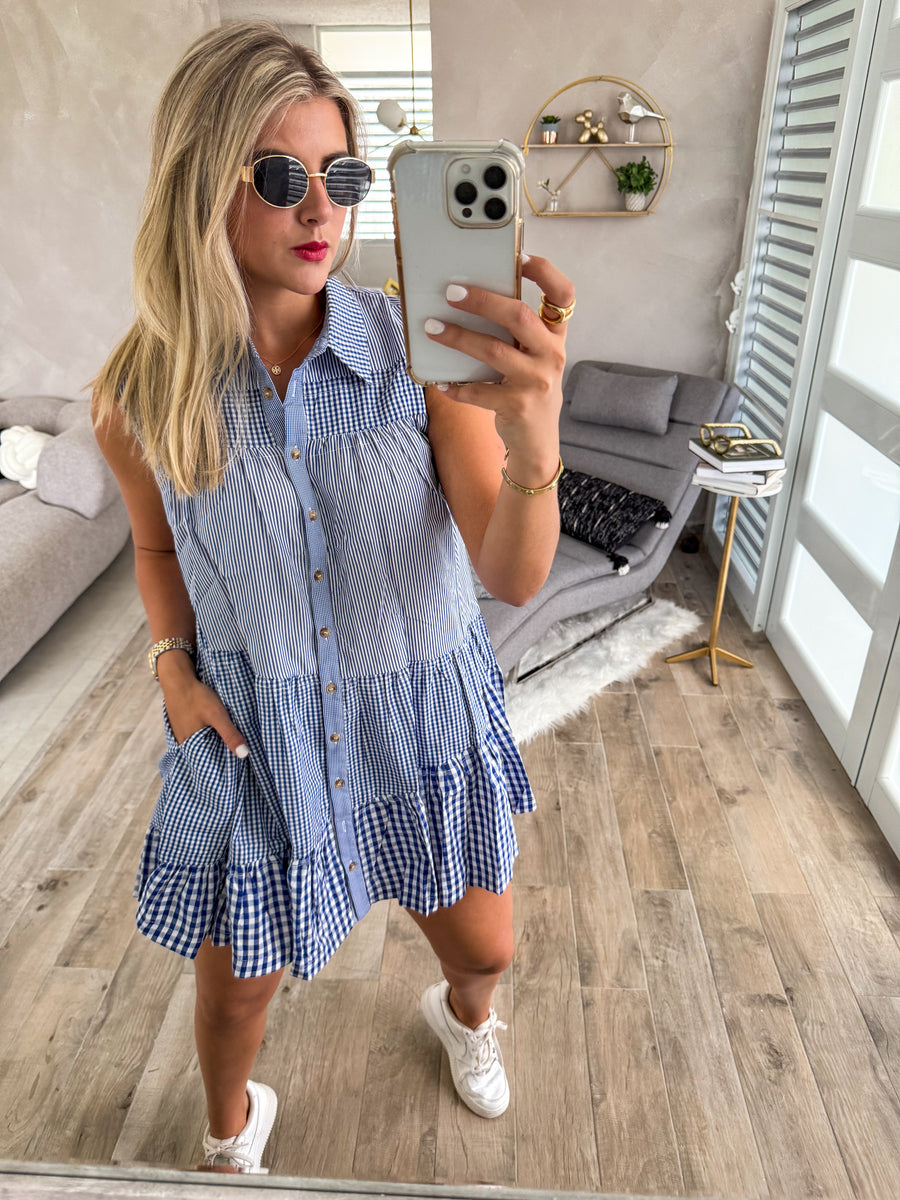 BLUE GINGHAM SLEEVELESS SHORT DRESS