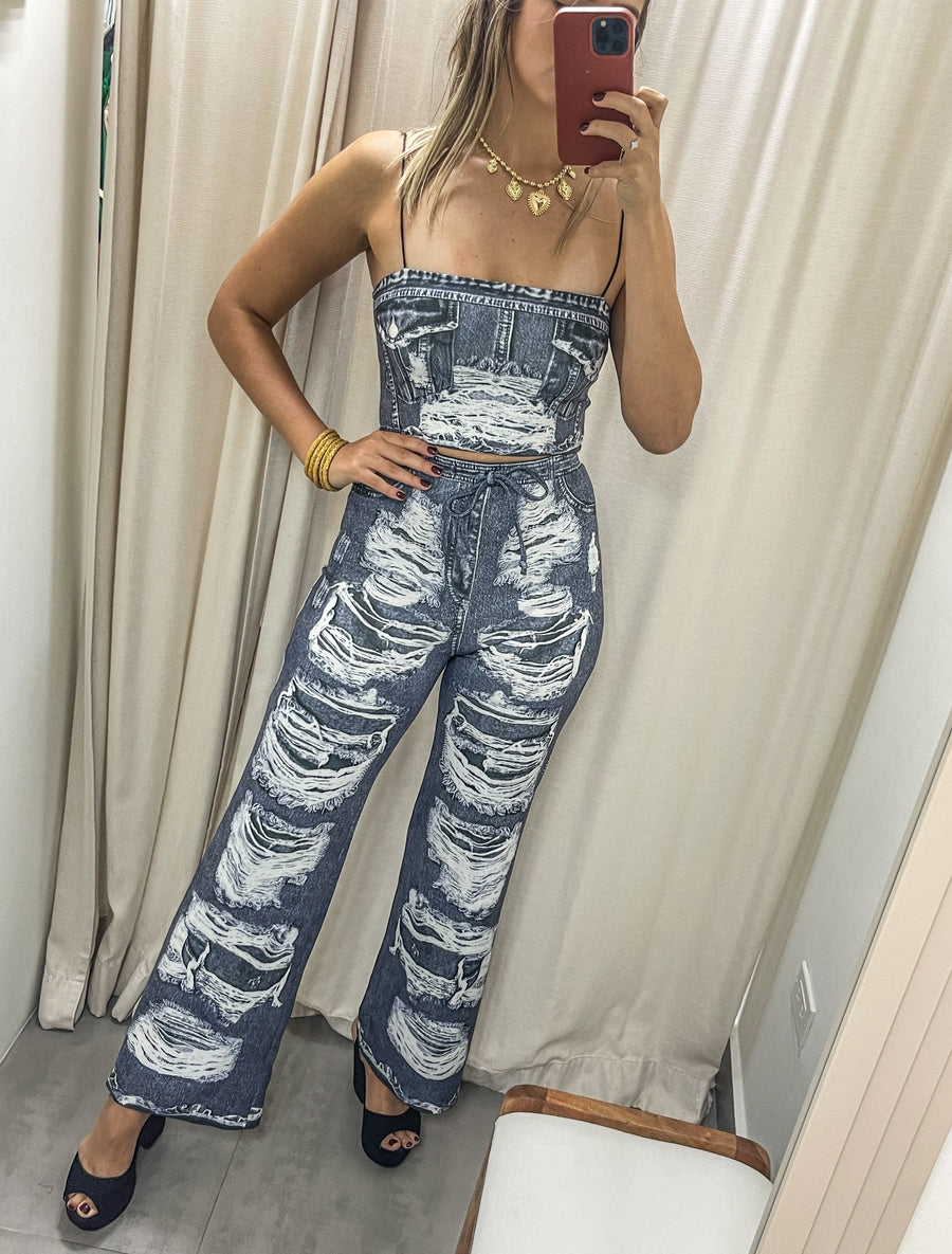 DARK BLUE DENIM ILLUSION CROP TOP & PANT SET