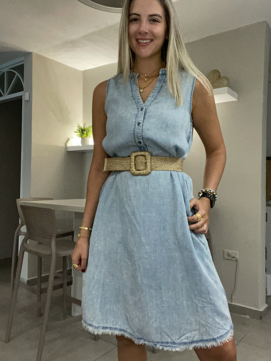 LIGHT DENIM TENCEL SLEEVELESS KNEE LENGTH DRESS