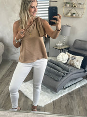 BEIGE ONE SHOULDER HAMMERED TOP