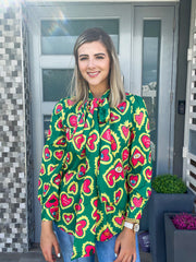 GREEN BUTTONES HEART PRINT BLOUSE