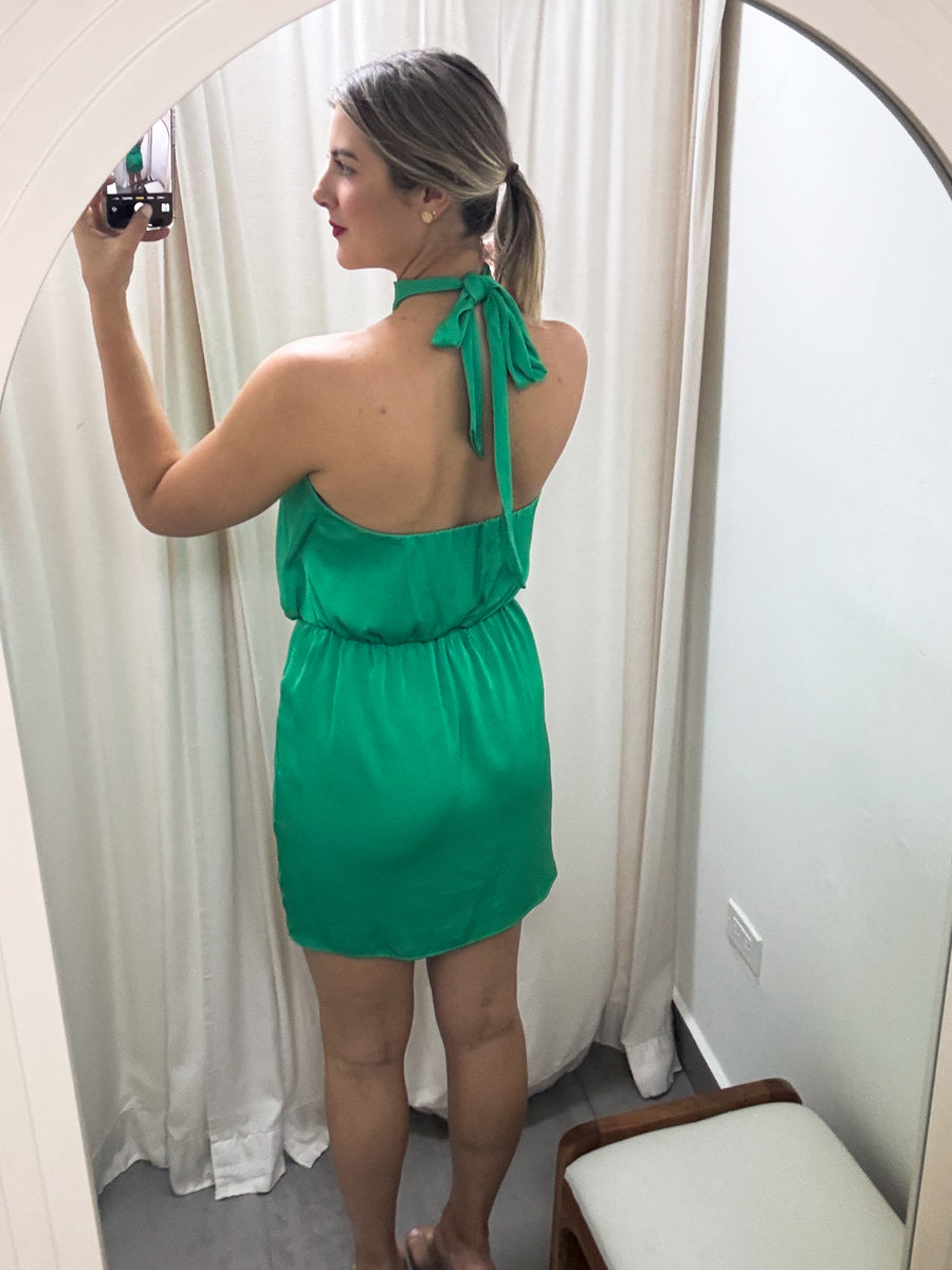 GREEN SILKY HALTER SHORT DRESS