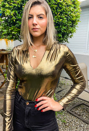 BRONZE METALLIC LONG SLEEVE BODYSUIT