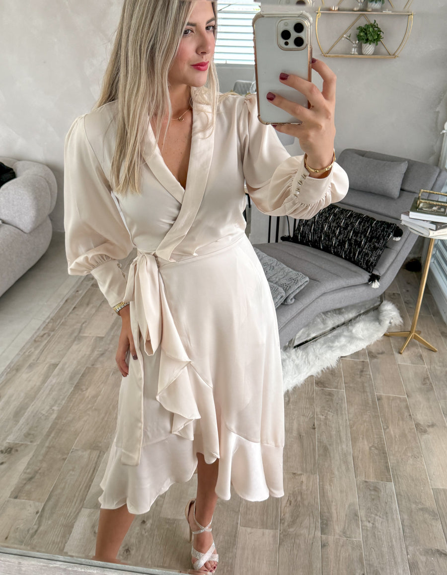 CREAM SATIN WRAP AROUND DRESS