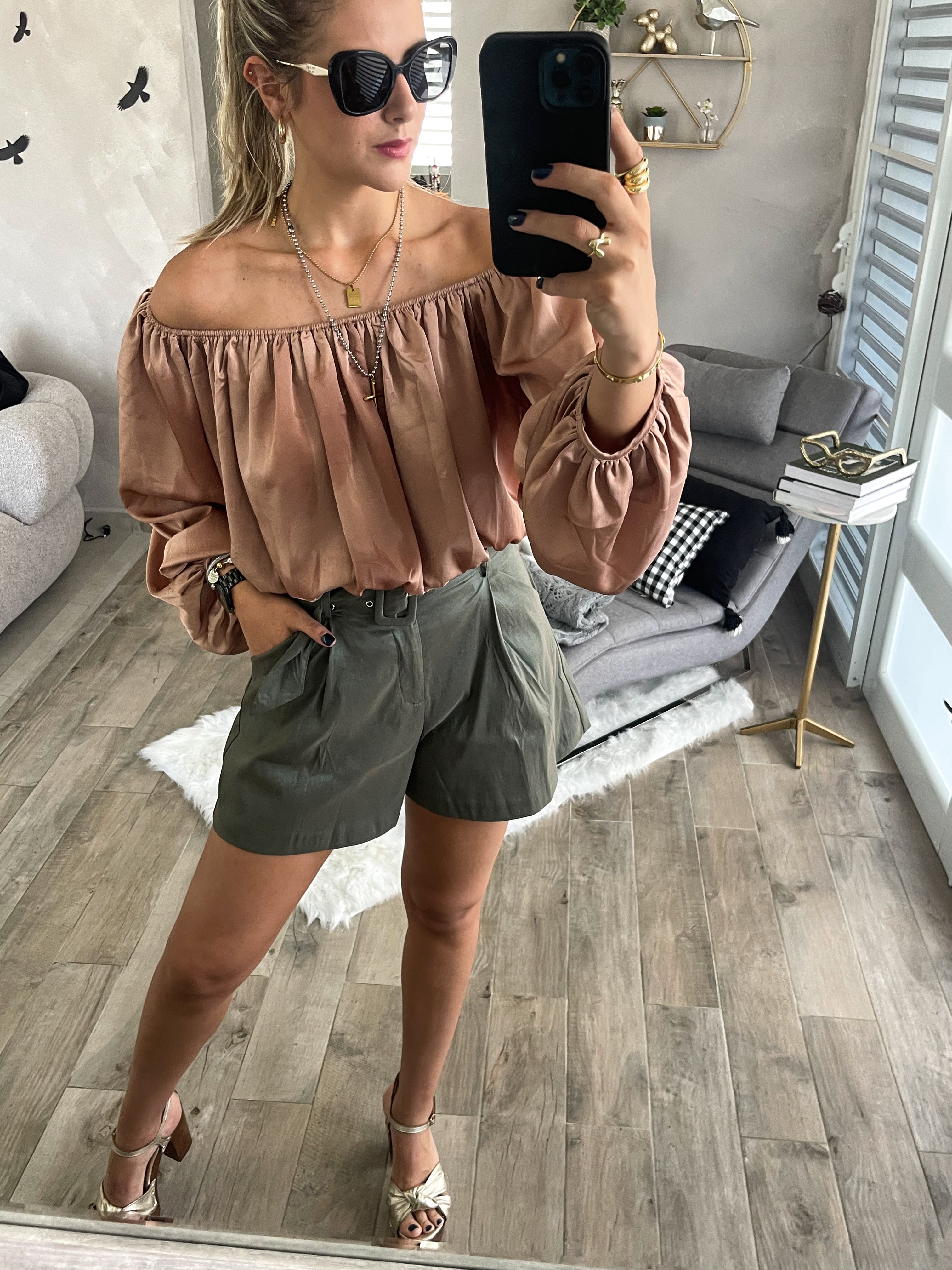 TAUPE SATIN OFF SHOULDER BLOUSE