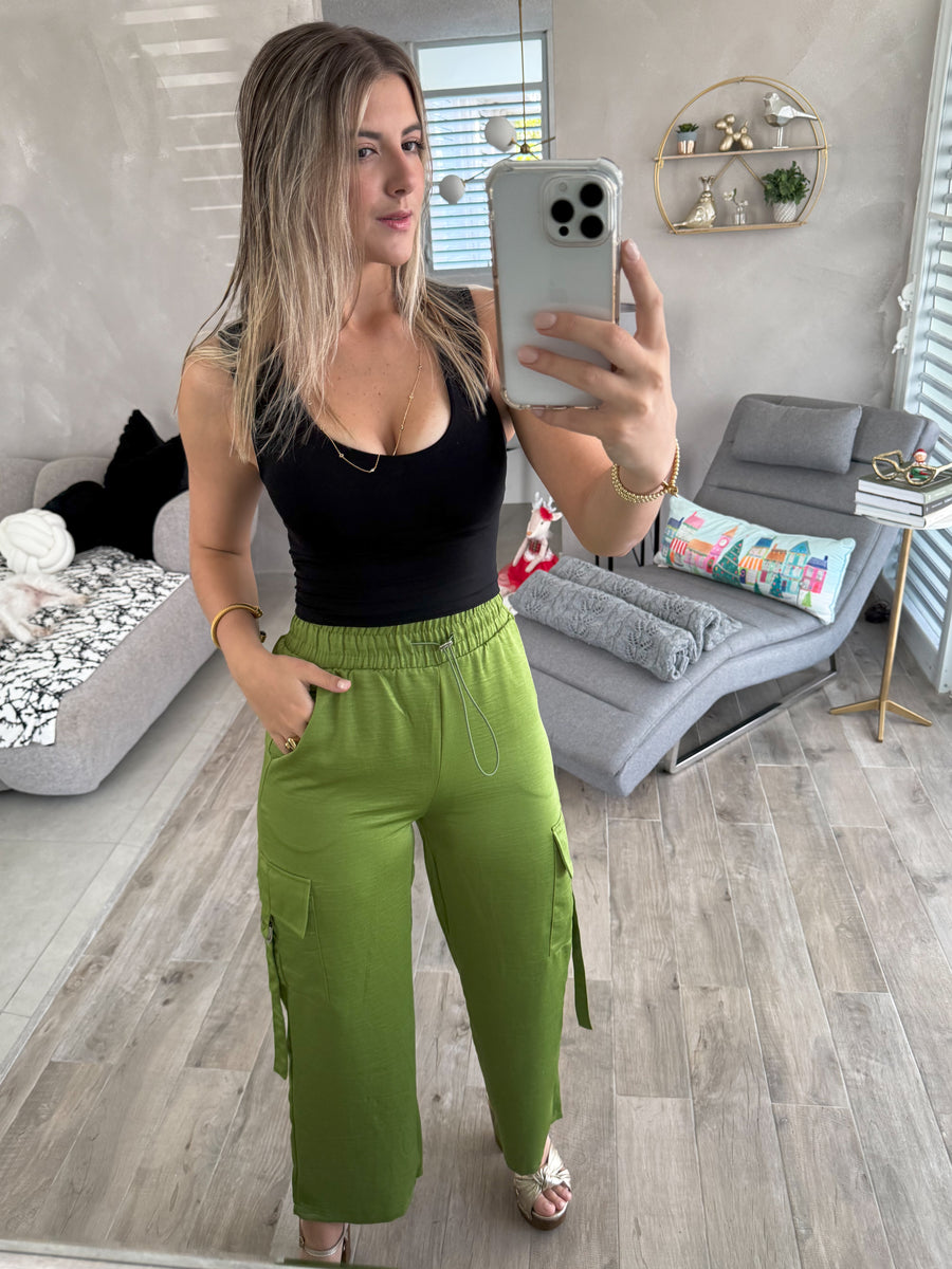 GREEN SATIN CARGO PANTS