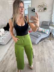 GREEN SATIN CARGO PANTS