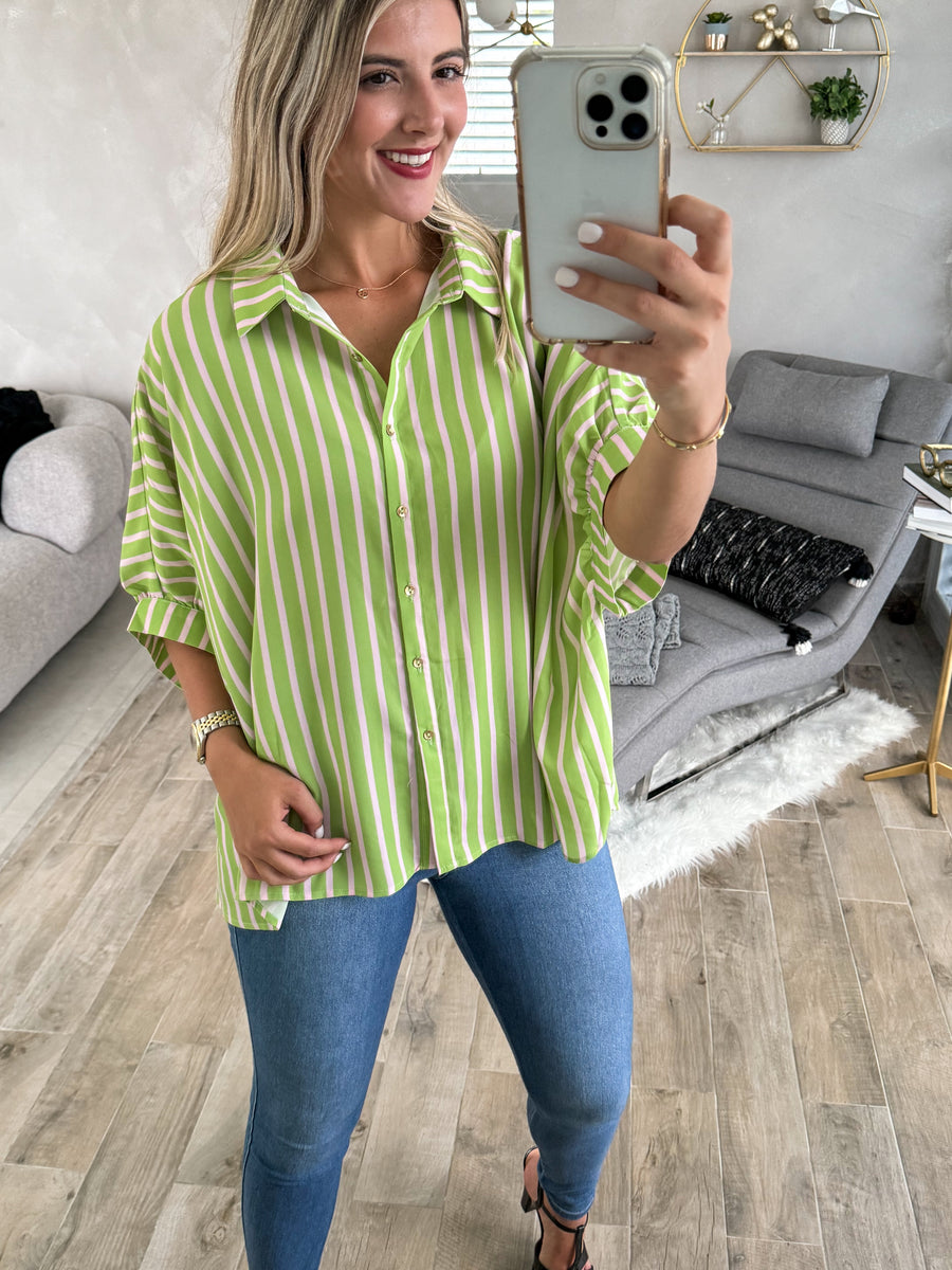 GREEN/PINK STRIPED TUNIC BLOUSE