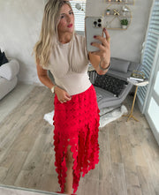 RED FRINGE MIDI SKIRT