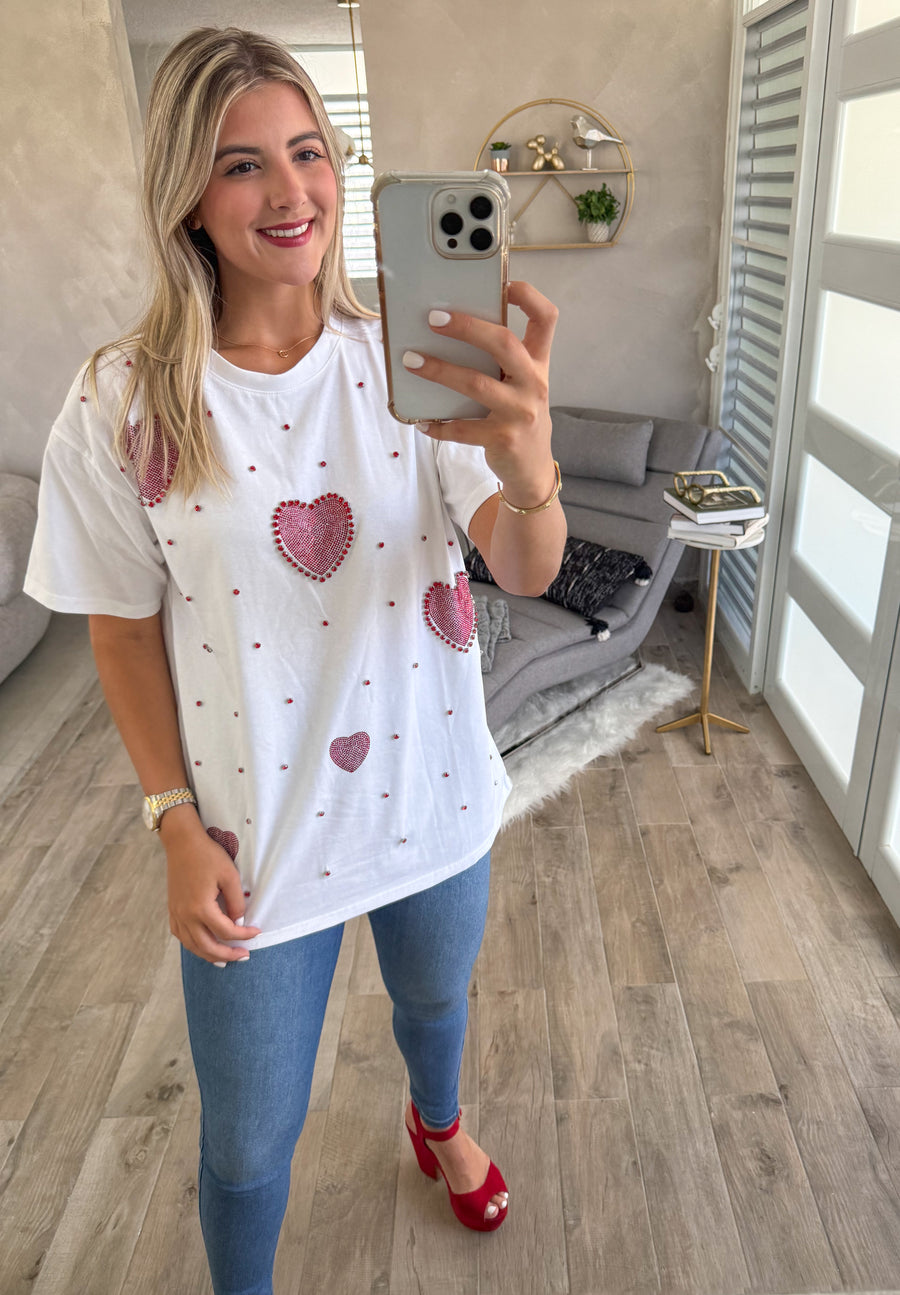 WHITE HEART RHINESTONES OVERSIZED TSHIRT