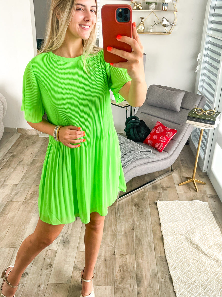 NEON GREEN PLEATED DRESS