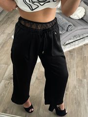 BLACK SATIN DOUBLE WAIST LACE DETAILED PANTS