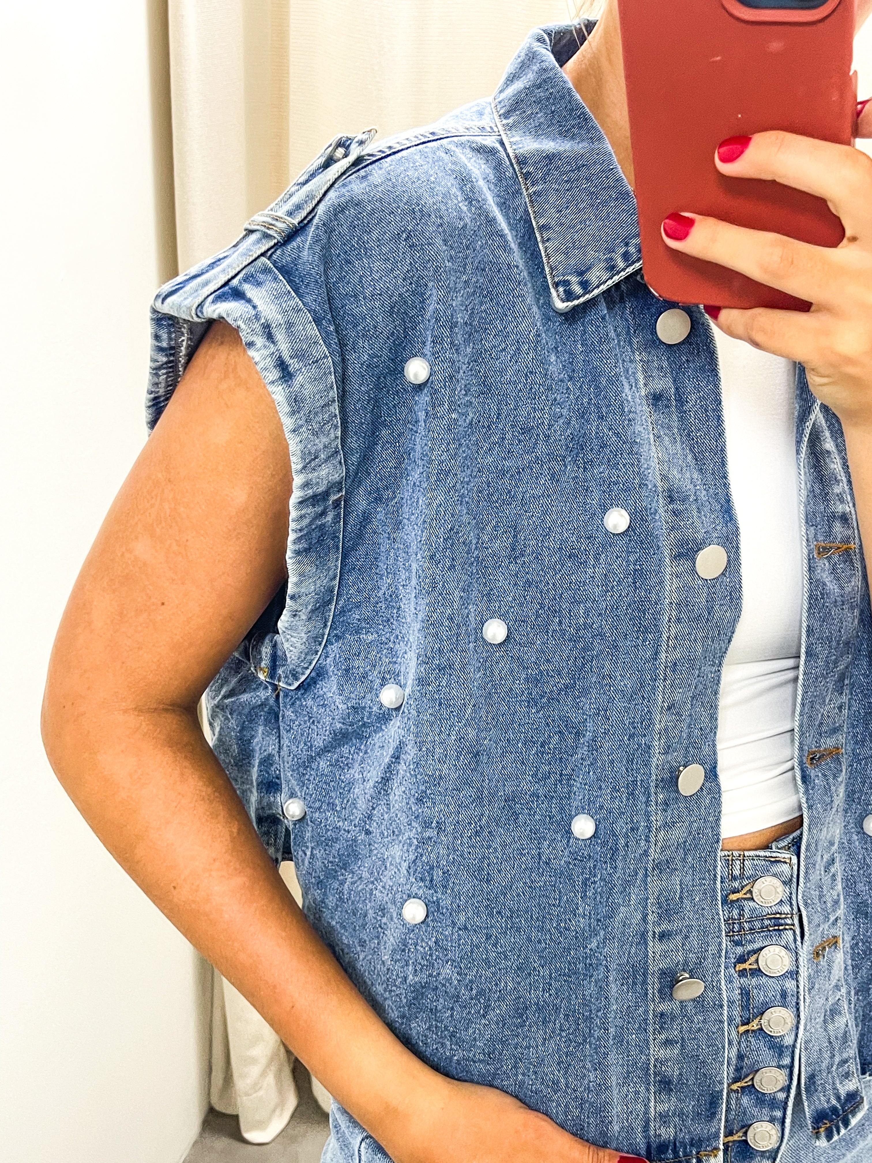 DENIM PEARLS SLEEVELESS JACKET TOP