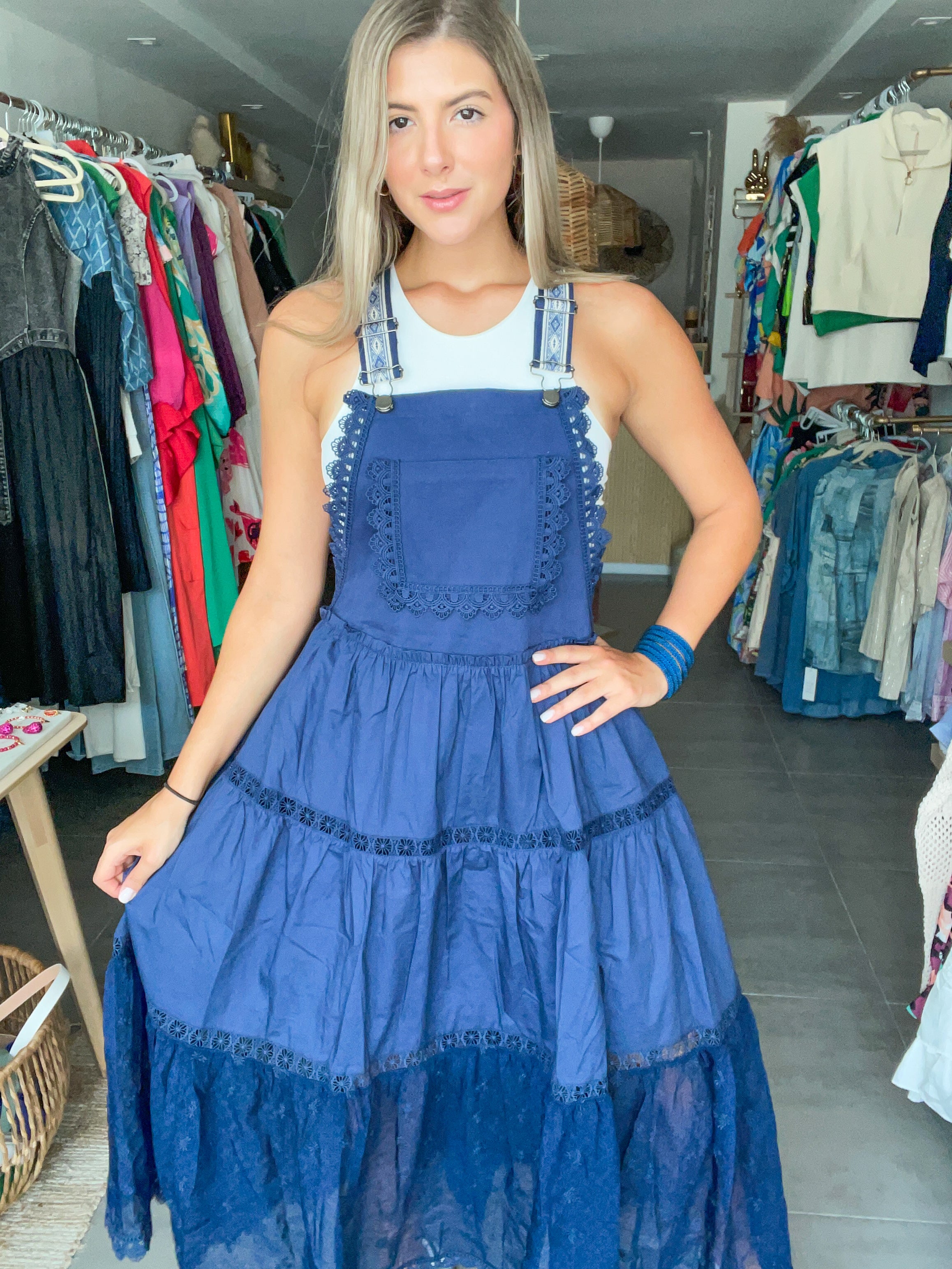 NAVY LACE OVERALL DRESS