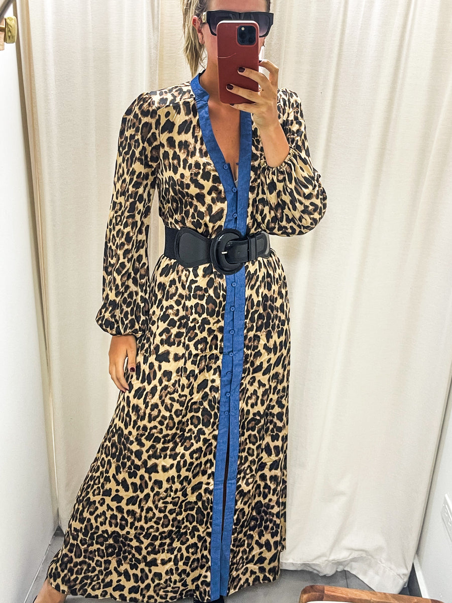 LEOPARD DENIM BORDER MAXI DRESS