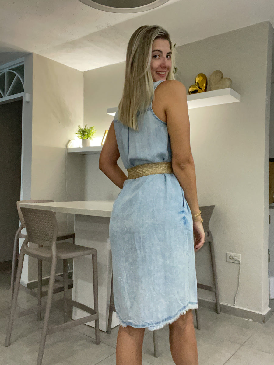 LIGHT DENIM TENCEL SLEEVELESS KNEE LENGTH DRESS