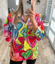 MULTICOLOR HEART PRINT BUTTON SHIRT