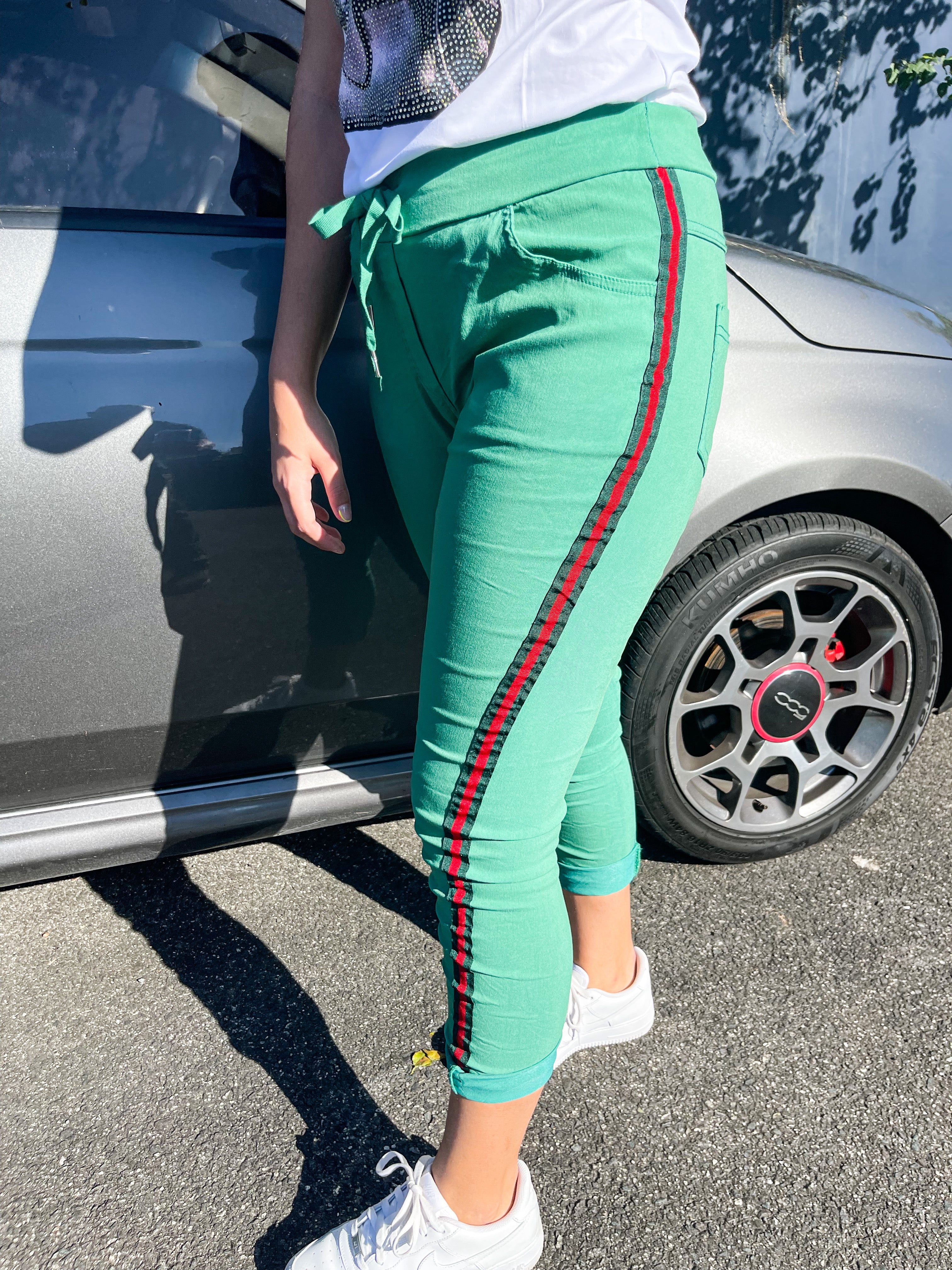 Green joggers red stripe online