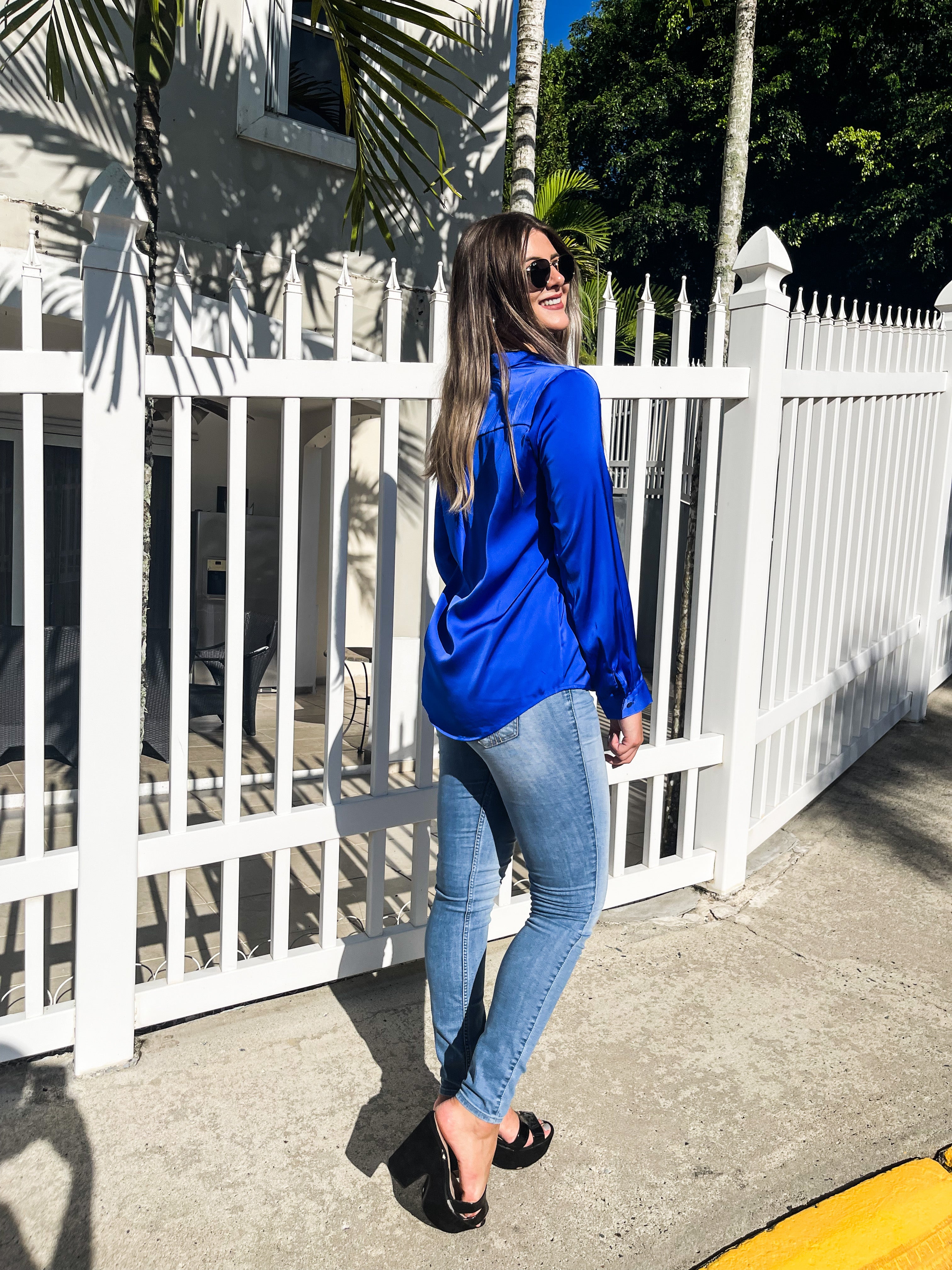 SATIN ELECTRIC BLUE LONG SLEEVE TOP