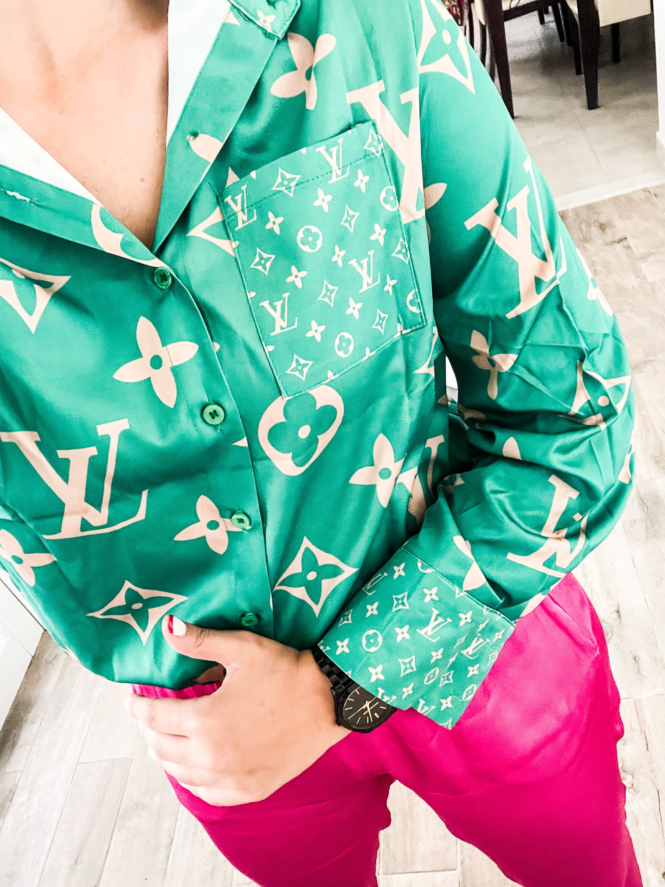 LV INSPIRED SATIN BLOUSE – Pampas Fashion Boutique